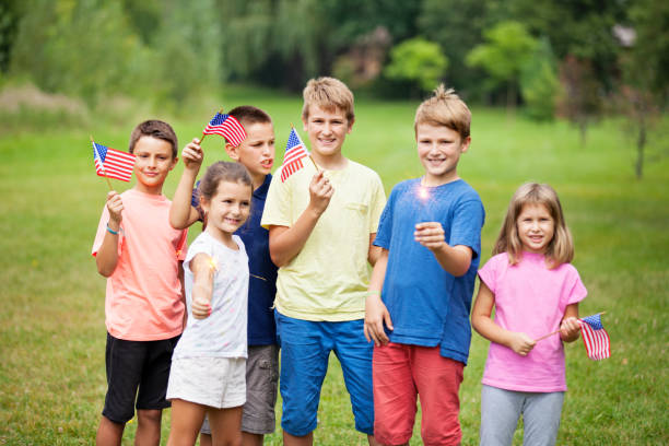 istock Group of Children with American Flags 914644926