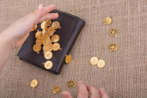 Wallet and fake gold coins on canvas Wallet and plenty of fake gold coins in hnad gold ira custodians stock pictures, royalty-free photos & images