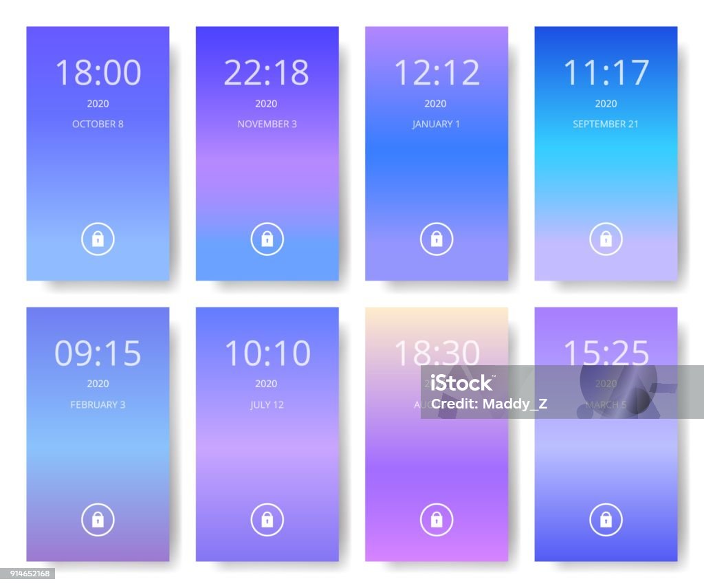 Set of modern user interface, ux, ui screen wallpapers for smart phone. Mobile Application. Ultra violet, purple and blue color gradients. Set of modern user interface, ux, ui screen wallpapers for smart phone. Mobile Application, vector illustration. Ultra violet, purple and blue color gradients. Telephone stock vector