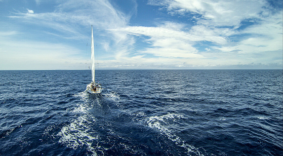 yacht sailing the sea, clear sky and blue water, recreational sport, active rest