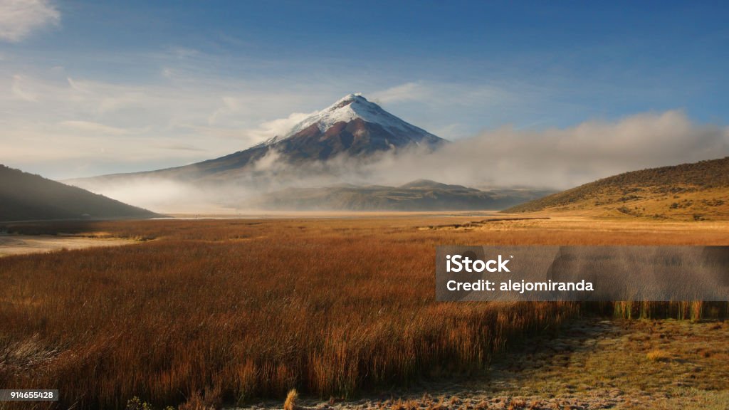 View of Limpiopungo lagoon with volcano Cotopaxi in the background on a cloudy morning View of Limpiopungo lagoon with volcano Cotopaxi in the background on a cloudy morning - Ecuador Ecuador Stock Photo