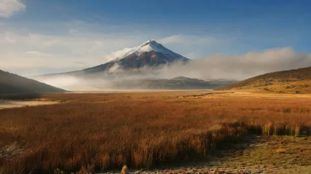 View of Limpiopungo lagoon with volcano Cotopaxi in the background on a cloudy morning - Ecuador
