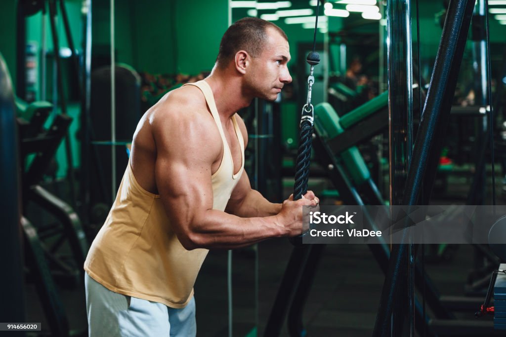 Ejercicio para tríceps en el gimnasio - Foto de stock de Adulto libre de derechos