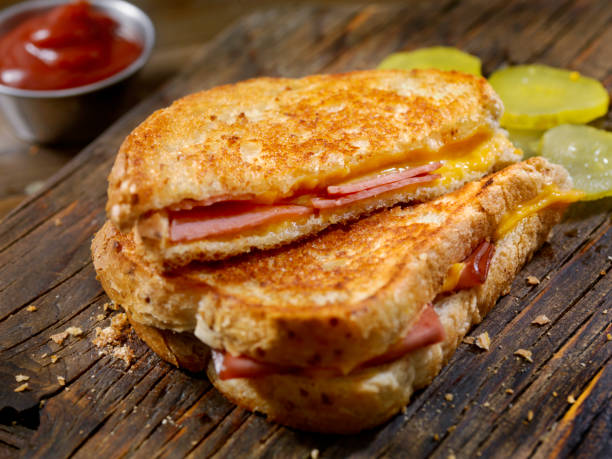 bolonia de fritos, a la plancha queso bocadillo de pepinillos dulces en pan de centeno luz - pan de centeno fotografías e imágenes de stock