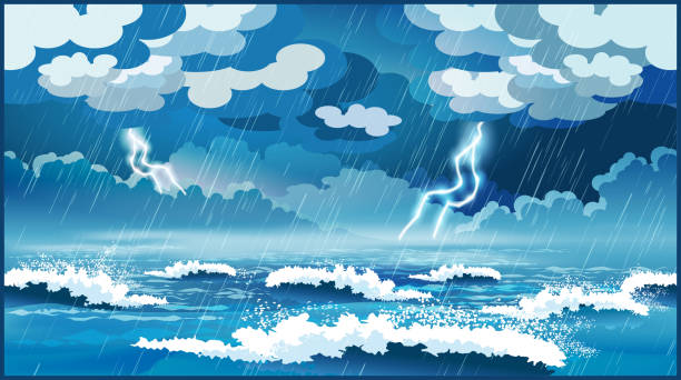 illustrazioni stock, clip art, cartoni animati e icone di tendenza di tempesta in mare - lightning storm thunderstorm weather