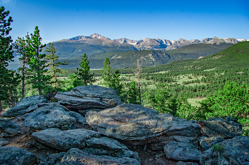 View of the High Sierra mountains from Mt Hoffman trail, Yosemite National Park, California