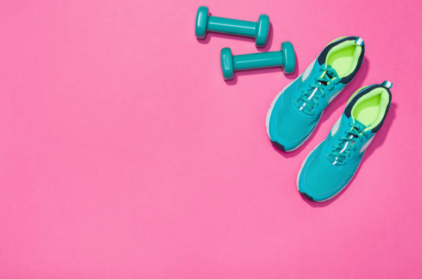 istock Fitness accessories on seamless background mock up, top view 914666380