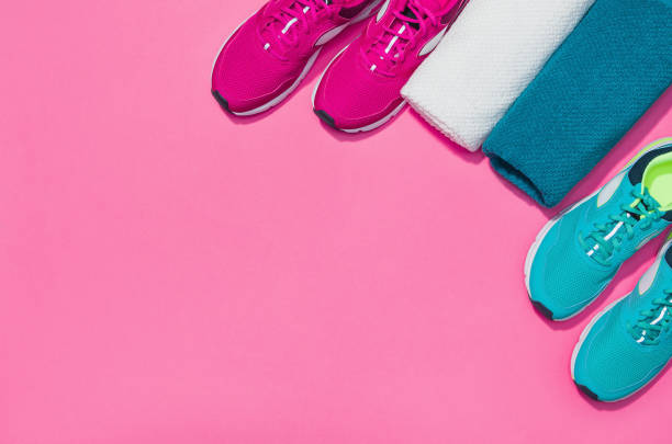 istock Fitness accessories on seamless background mock up, top view 914666452