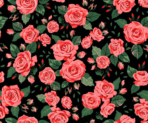 Seamless Pattern With Red Roses On A Black Background Stock Illustration -  Download Image Now - iStock