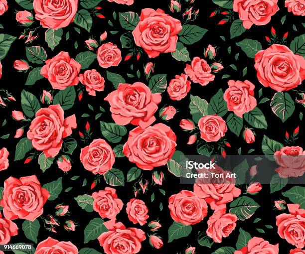 Seamless Pattern With Red Roses On A Black Background Stock Illustration - Download Image Now