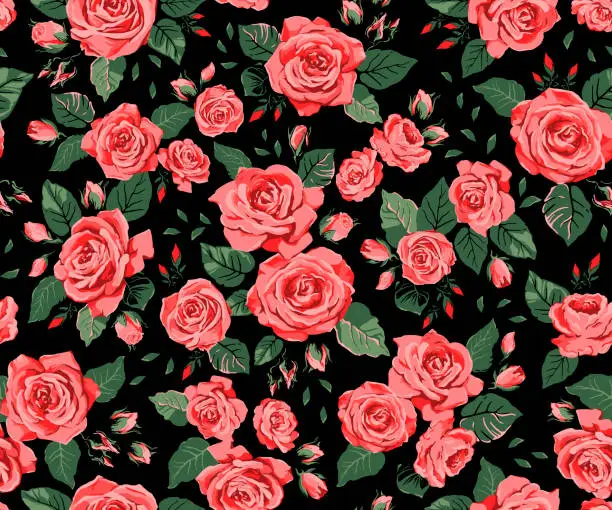 Vector illustration of Seamless pattern with red roses on a black background