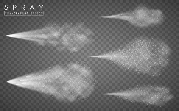ilustraciones, imágenes clip art, dibujos animados e iconos de stock de aerosol aireado cosmético, atomizador de agua. efecto de humo blanco y la niebla aislado sobre fondo transparente. elementos 3d dinámicos. - niebla