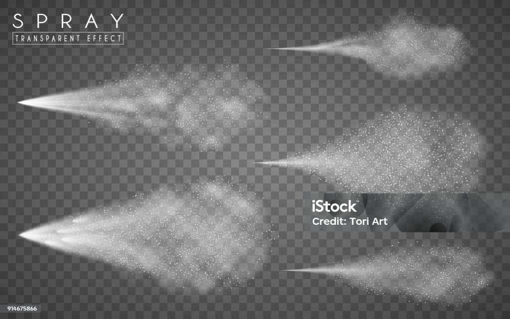 Cosmetic airy spray, water atomizer. Effect of white smoke and fog isolated on transparent background. Dynamic 3d elements. Vector set of white spray on a transparent background Spray stock vector