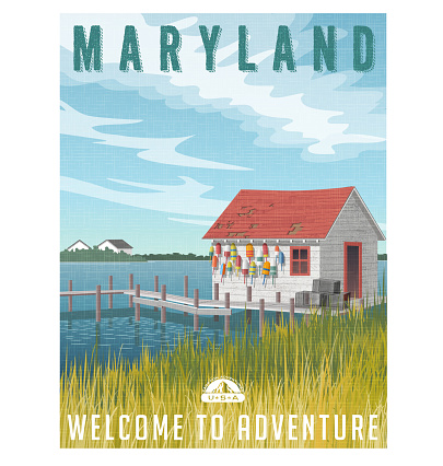Maryland, United States travel poster or sticker. Retro style vector illustration of a fictional fishing shack with crab traps and buoys.