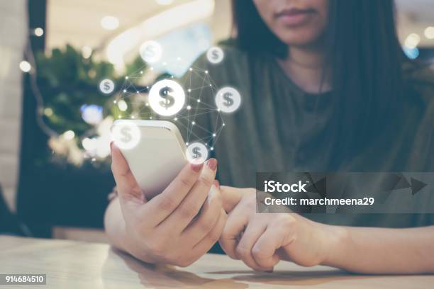 Asian Woman Hand Using Mobile Phone With Online Transaction Application Concept Ecommerce And Internet Online Investment Stock Photo - Download Image Now