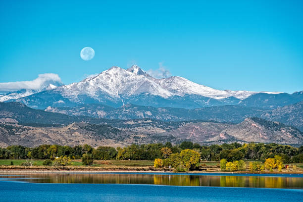 Full moon in Longmont A full moon setting over Longs Peak in Longmont Colorado across McIntosh Lake front range mountain range stock pictures, royalty-free photos & images