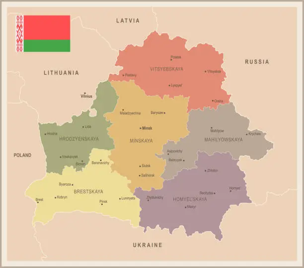 Vector illustration of Belarus - vintage map and flag - Detailed Vector Illustration