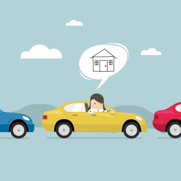 Businesswoman on the road back home by car with traffic jam. Businesswoman on the road back home by car with traffic jam. vector thinking fast and slow stock illustrations