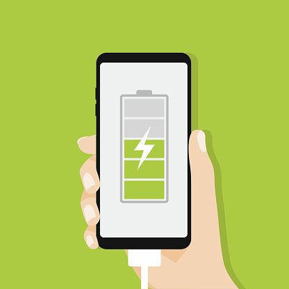 Human hand holding smartphone charging. vector