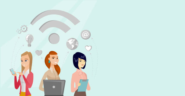 illustrations, cliparts, dessins animés et icônes de femmes jeunes entrepreneurs travaillant sous le symbole wifi - smart phone digital tablet group of people manager