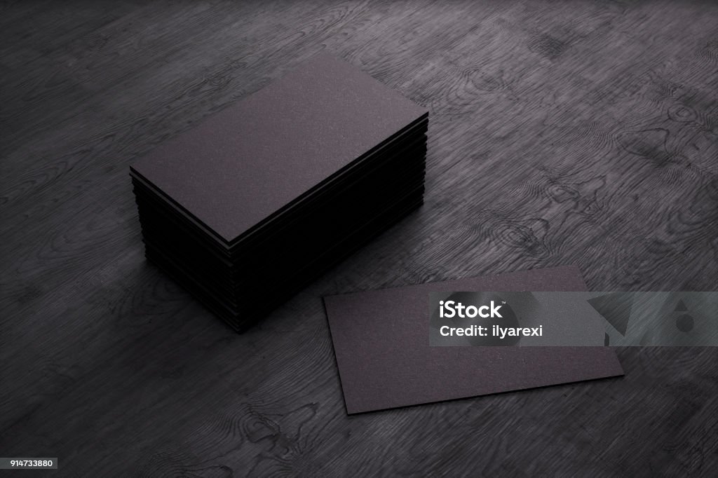 Blank template black Business Cards on black wooden background. 3D rendering. Blank template black Business Cards on black wooden background. 3D rendering Visit Stock Photo