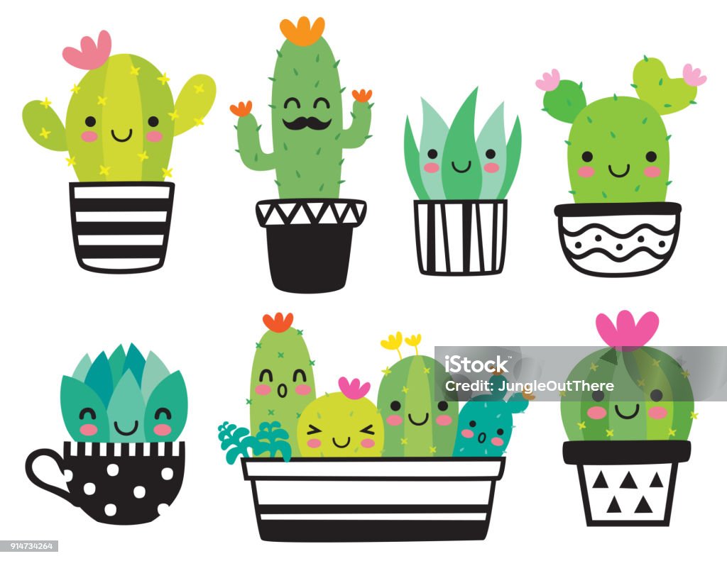 Cute Succulent or Cactus Vector Illustration Cute succulent or cactus plant with happy face vector illustration set. Cactus stock vector