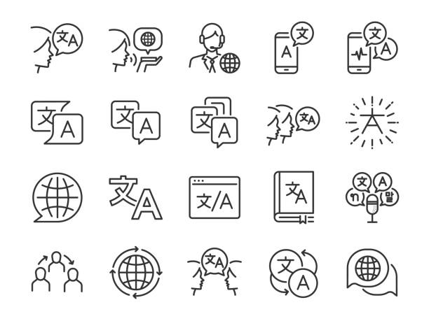 übersetzung-linie-icon-set. enthalten die symbole wie übersetzen, übersetzer, sprache, zweisprachig, wörterbuch, kommunikation, bi-rasse und vieles mehr. - reden stock-grafiken, -clipart, -cartoons und -symbole