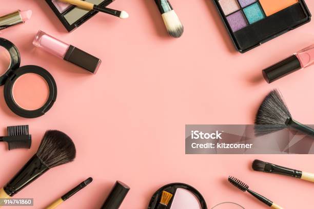 Set Of Make Up Brushes And Cosmetics On Pink Background Stock Photo - Download Image Now