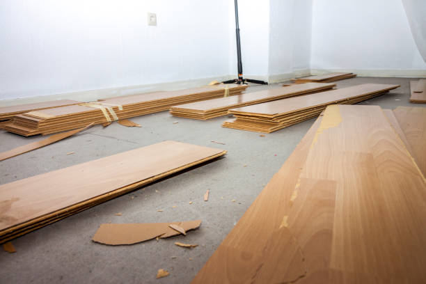 istock Room full of removed laminate lying on floor 914742246