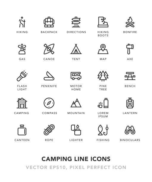 Camping Line Icons Camping Line Icons Vector EPS 10 File, Pixel Perfect Icons. adventure symbols stock illustrations