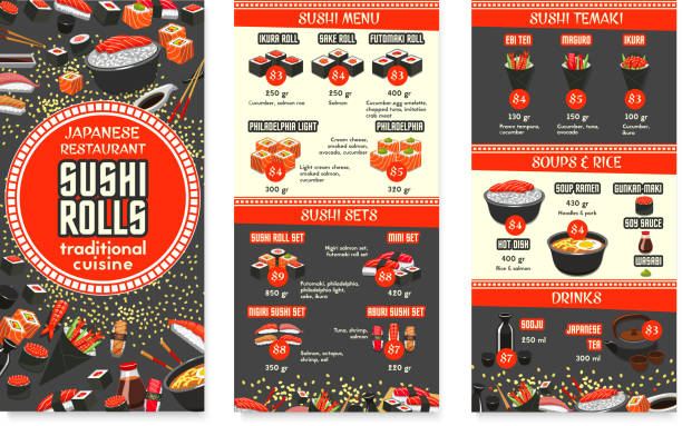 illustrazioni stock, clip art, cartoni animati e icone di tendenza di cucina giapponese vettoriale design del menu gastronomico asiatico - sushi sashimi nigiri salmon