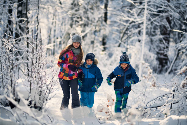istock Kids running in winter forest 914747380