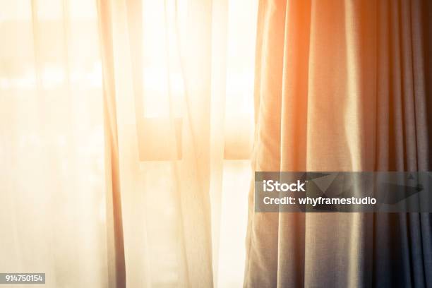 Brown Curtain With Beautiful Sun Light And Shadow Stock Photo - Download Image Now - Curtain, Window, Sunlight