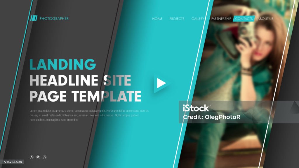 Template header site with diagonal black and blue lines and a place for a photo. Template header site with diagonal black and blue lines and a place for a photo. Modern banner design with title, text and buttons. Vector illustration Landing - Touching Down stock vector