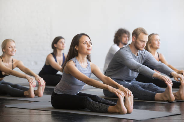 istock Group of young sporty people in paschimottanasana pose 914755498