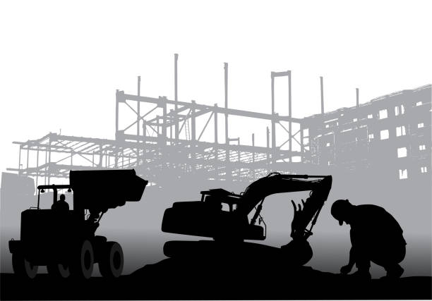 ilustraciones, imágenes clip art, dibujos animados e iconos de stock de largas horas de construcción - construction worker silhouette people construction