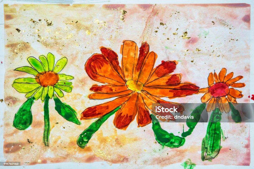 Childs watercolor drawing of flowers Childs watercolor drawing of flowers and gold flaking Preschool stock illustration