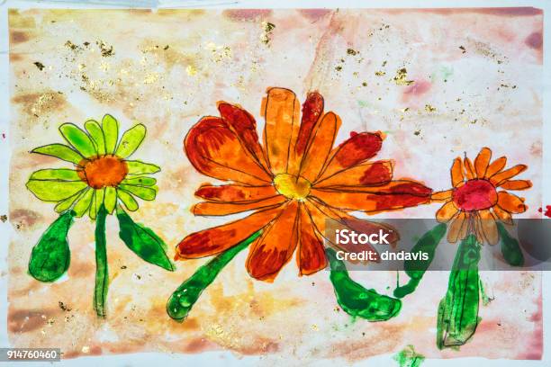 Childs Watercolor Drawing Of Flowers Stock Illustration - Download Image Now - Preschool, Watercolor Painting, Art