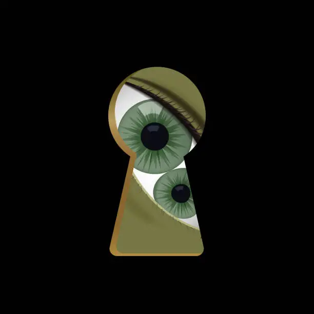 Vector illustration of Green eyes in the keyhole. Monster.