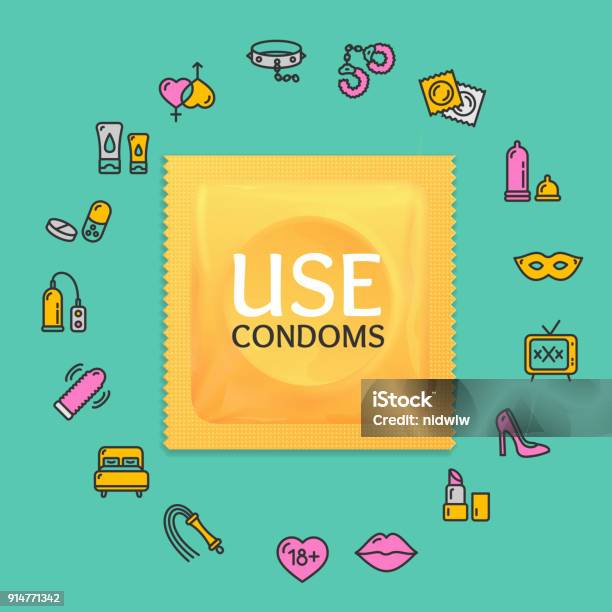 Realistic 3d Condoms Package Round Design Template Line Icon Concept Vector Stock Illustration - Download Image Now