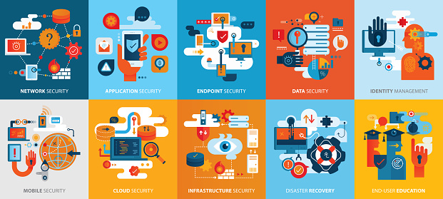 Flat vibrant vector icons set depicting effective information technology security.