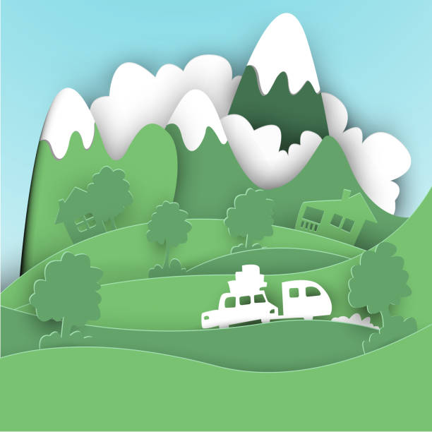 istock A trip to the mountains for the weekend with the family. Vector paper art 914774836