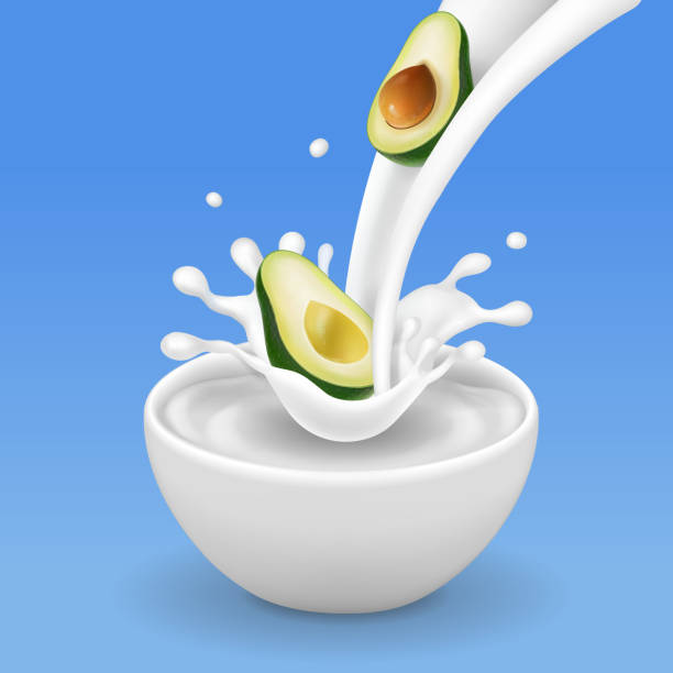 ilustrações de stock, clip art, desenhos animados e ícones de avocado and milk flowing in a bowl - dairy farm liquid food and drink splashing