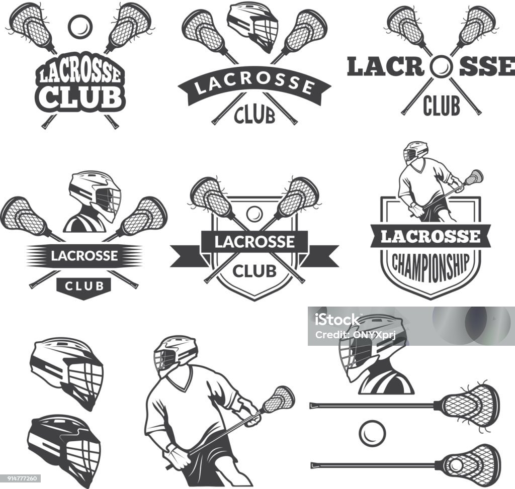 Labels of lacrosse club. Vector monochrome pictures set Labels of lacrosse club. Vector monochrome pictures set. Illustration of lacrosse game, sport label with equipment Lacrosse stock vector