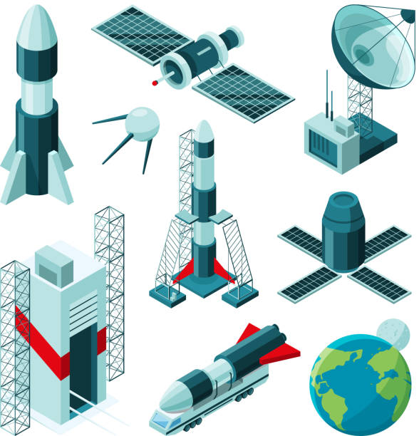Isometric pictures of different tools and constructions for space center Isometric pictures of different tools and constructions for space center. Shuttle station and rocket satellite, spaceship technology. Vector illustration rocket launch platform stock illustrations