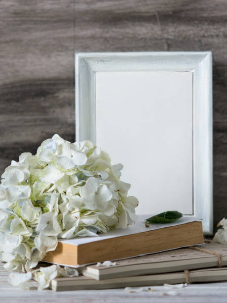 istock White frame for quotes with white hydrangea bouquet on the vintage table. Wedding decoration with text space. Frame for quotes. 914783332