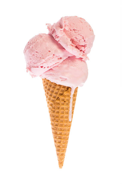 istock ice cream: Ice cream cone with three scoops of strawberry ice cream isolated on white background 914783914