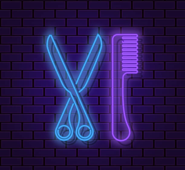 istock Barber shop hipster neon silhouette isolated icon, scissors and brush electic light background, hair salon signboard, vector illustration 914784824