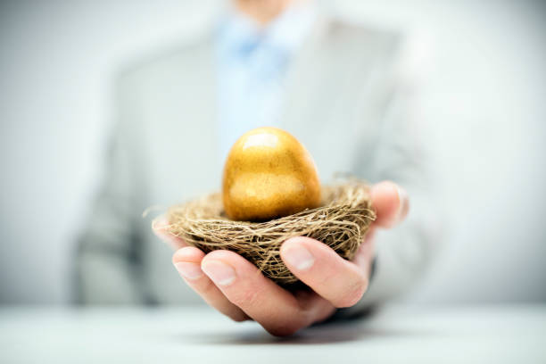 Retirement savings golden nest egg in businessman hand Retirement savings golden nest egg in a businessmans hand birds nest photos stock pictures, royalty-free photos & images