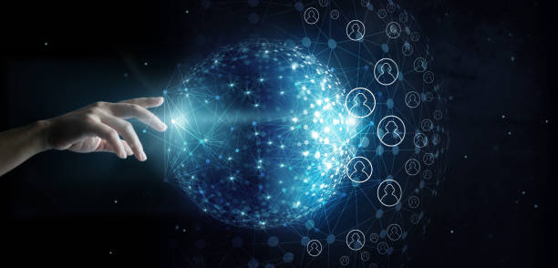 Businessman touching global network and data customer connection on space background